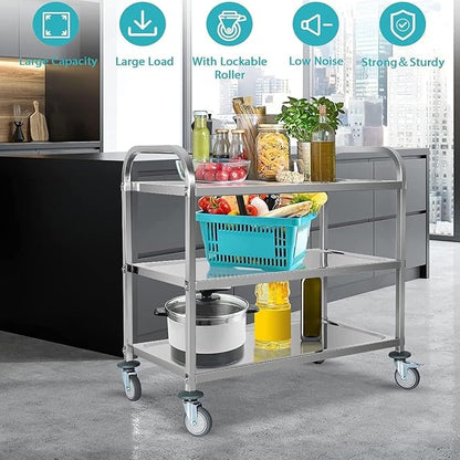 tonchean Extra Large 3 Tier Stainless Steel Cart 37.4 x 19.7 x 37.4 Inch Kitchen Trolley Cart Serving Cart Kitchen Utility Rolling Cart Service Catering Storage Cart with Locking Wheels