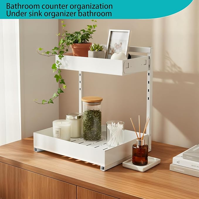 Under Sink Organizer, Bathroom Counter Organizer, 2 Packs 2-Tier Metal, Under Cabinet Storage, Makeup Storage, Adjustable Height & Slide-Out Drawer for Kitchen Bathroom, White