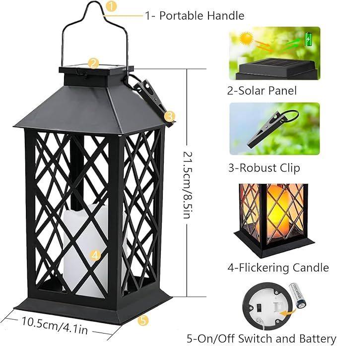Solar Lanterns Outdoor Waterproof, 2 Pack 9" Glass Hanging Solar Lights with Flickering Flameless Candle, Outdoor Lanterns for Patio Wall Porch Table Garden Tree, Gift for Women Mom - Black