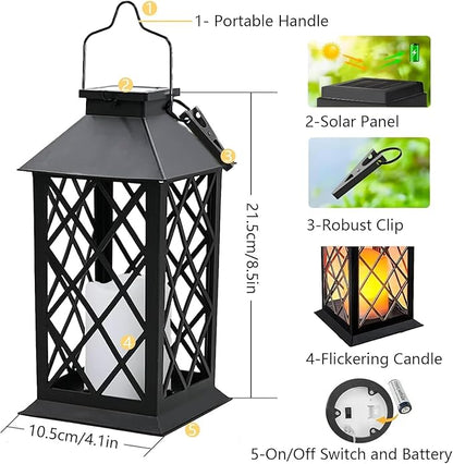Solar Lanterns Outdoor Waterproof, 2 Pack 9" Glass Hanging Solar Lights with Flickering Flameless Candle, Outdoor Lanterns for Patio Wall Porch Table Garden Tree, Gift for Women Mom - Black
