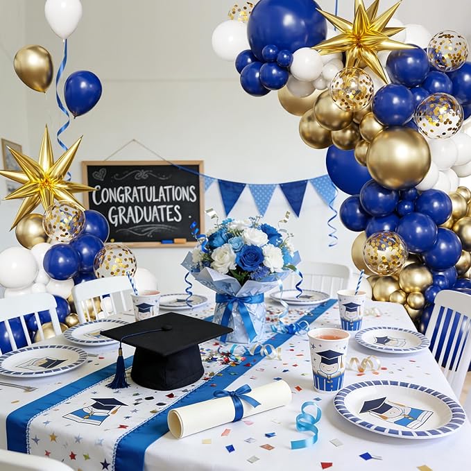 Navy Blue White Gold Balloon Arch Kit, 2026 Graduation Decorations, 130Pcs Blue Gold White Balloons with Foil Star Confetti Balloons for College High School Graduation Decorations Class of 2026