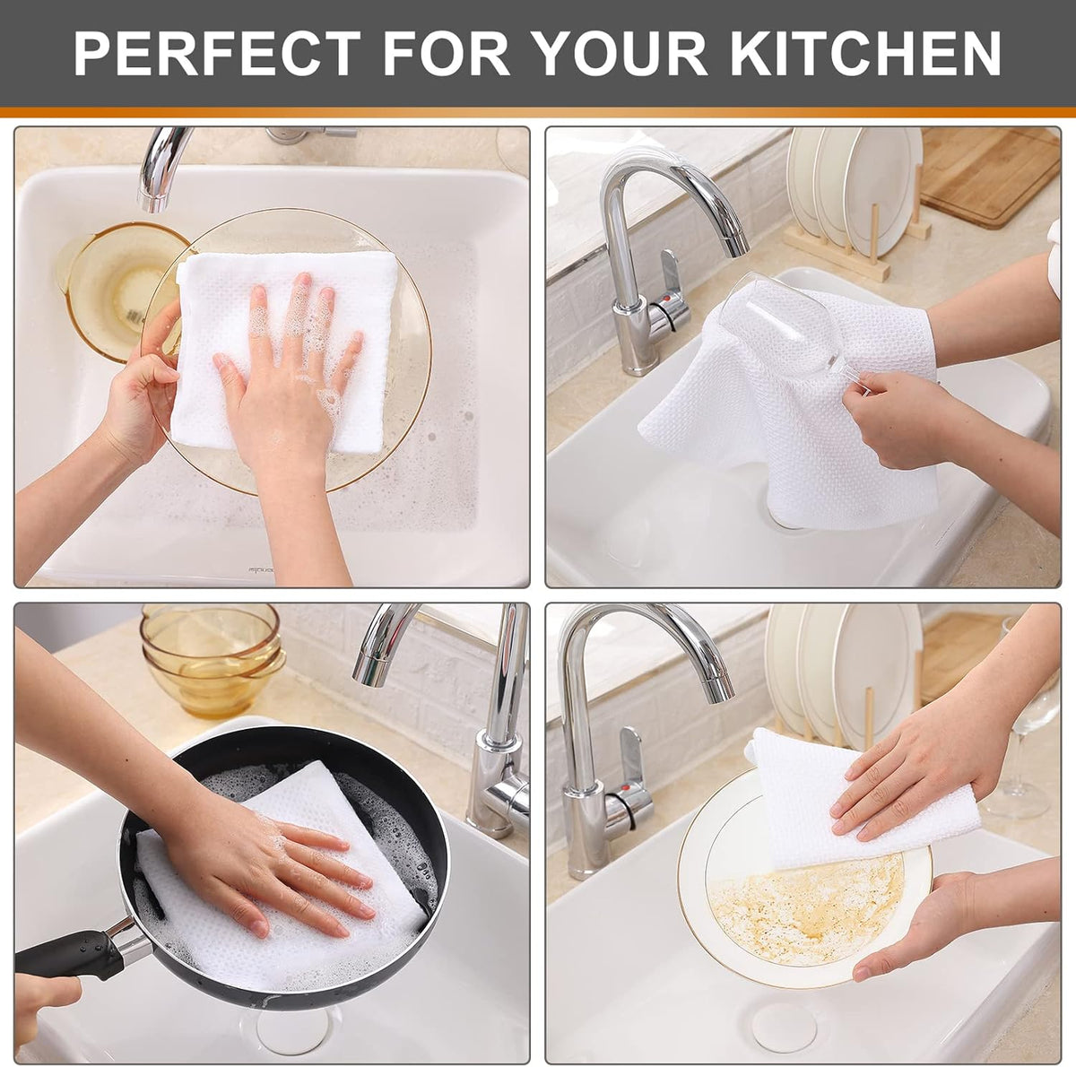 Kitinjoy 100% Cotton Kitchen Dish Cloths, 6 Pack Waffle Weave Dish Towels Ultra Soft Absorbent Quick Drying Dish Rags, 12 X 12 Inches, White