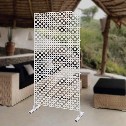 75" H×35" W Decorative Outdoor Privacy Screen with Stand, Outdoor Decor Privacy Fence Screen Metal Fence Panels, Free Standing Metal Divider for Patio Lawn Deck (White-Circle)