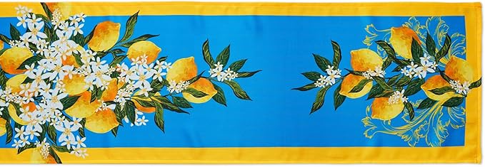 YiHomer Provence Blue Lemon Mediterranean Tile Tabletop for Spring Summer Decorations, Picnics and Dinner Parties - Indoor Outdoor, Stain and Water Resistant, Table Runner, 14 x 108