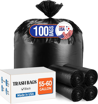 Delxo 55-60 Gallon Black Trash Bags, 100 Count – 0.9 Mil Medium Duty Garbage Bags, Thick, Durable & Puncture-Resistant Plastic, Perforated Design – Made in USA for Kitchen, Yard, Office & Party