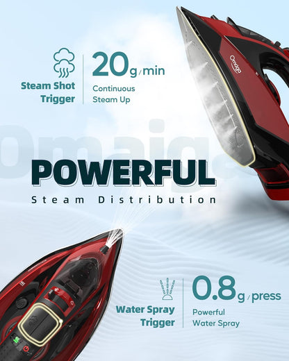 Cordless Iron for Clothes - 1500W Steam Iron with Non-Stick Ceramic Soleplate, Rapid Heating, Auto Shut Off, Burst of Steam, Self-Clean, Anti-Drip, Anti-Calc, 3 Temperature Settings, Red