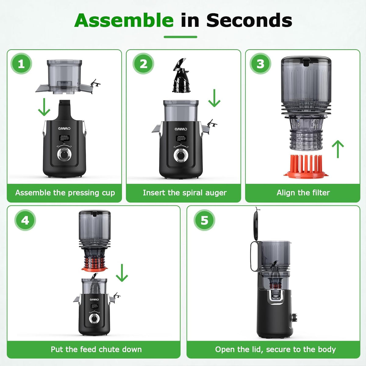 OMMO Cold Press Juicer Machines: 5.1" Wide Chute for Whole Fruits & Veggies, BPA Free Slow Juicer Easy Clean, Beep Alert, Slow Masticating Juicers for Moms/Families/Fitness/Juice Life/Healthy Living