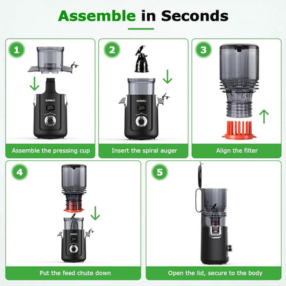 OMMO Cold Press Juicer Machines: 5.1" Wide Chute for Whole Fruits & Veggies, BPA Free Slow Juicer Easy Clean, Beep Alert, Slow Masticating Juicers for Moms/Families/Fitness/Juice Life/Healthy Living