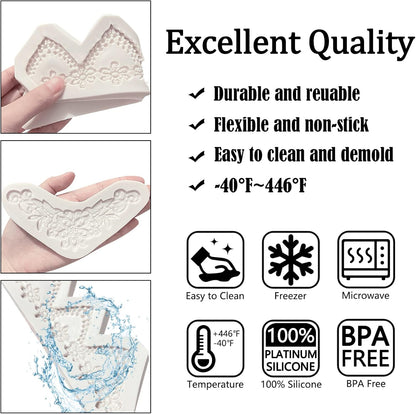 Lace Fondant Mold Set of 3, Edible Lace border Cake Decorating Imprint Mat Silicone Molds for Wedding, Valentine's Day, Chocolate, Cupcake, Cookies