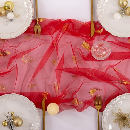 Socomi Christmas Tree Table Runner Gold Gauze Sheer Chiffon Cheesecloth Sequin 10FT Glitter Metallic Foil Dining Wedding Birthday Party Winter Holiday Centerpiece Table Decor 3pcs Red