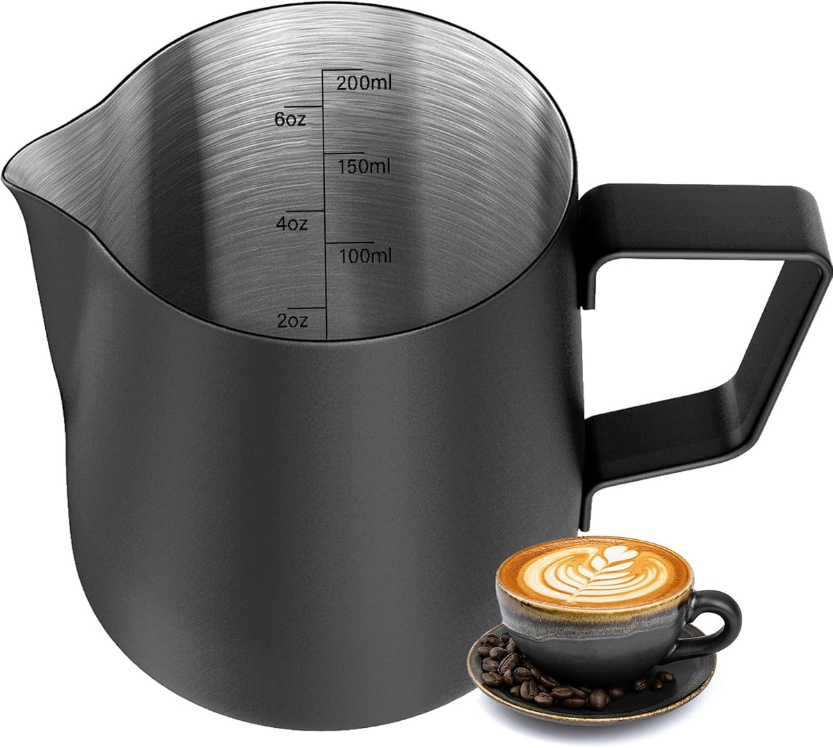 Hulisen 6.8oz/200ml Milk Pitcher, Stainless Steel Espresso Latte Steaming Frothing Pitcher, Coffee Milk Frother Maker, Pour Cup