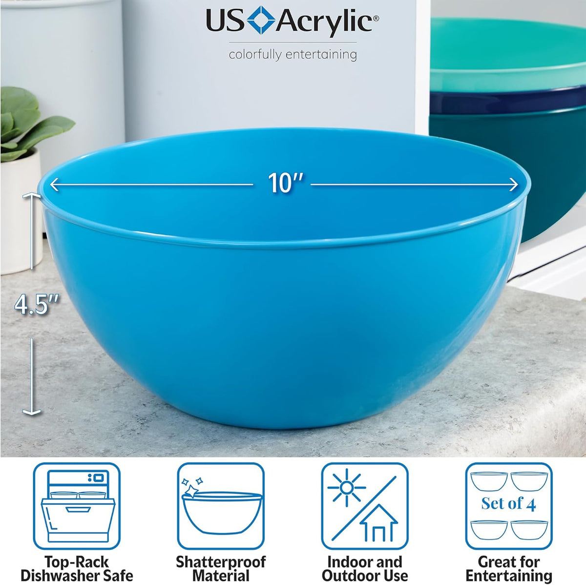 US Acrylic Vista Durable Plastic Salad and Serving 10-inch Bowls, Set of 4 in Coastal Colors, Reusable, BPA-free, Made in the USA, 135 oz. capacity