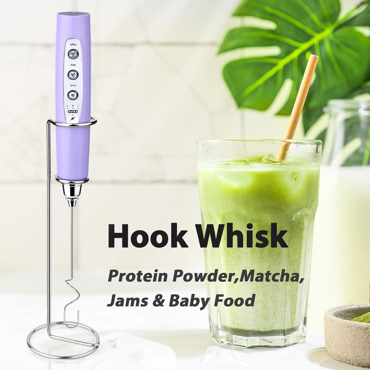 Milk Frother with Stand Rechargeable- Handheld Coffee Frother with 3 Stainless Whisks 3 Speed Adjustable, Electric Whisk Drink Mixer, Foam Maker Blender for Matcha Latte Cappuccino Chocolate