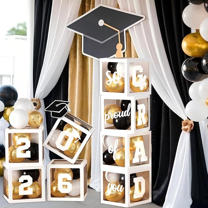 2026 Graduation Party Decorations, 4Pcs White Boxes with 30Pcs Black White Gold Latex Balloons with Letters "2026 GRAD So Proud of You" for High School College Graduation Party Decorations (White)