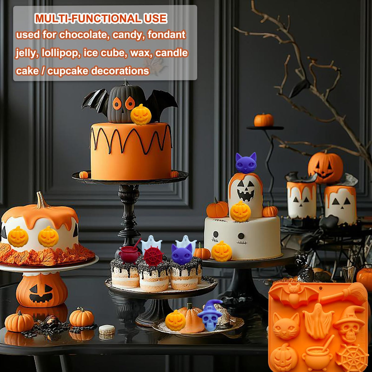 2 Pack Halloween Chocolate Candy Silicone Mold Halloween Molds Ghost Pumpkin Bat Skull Witch Hat Gummy Fondant Baking Mold for DIY Ice Cube Sugar