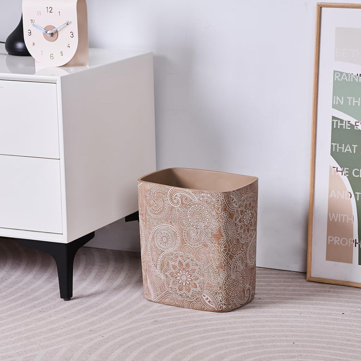 Polytree Boho Flowers Bathroom Trash Can 1.8 Gallon(7 Liter) Small Kitchen Garbage Can,Living Room Bedroom Trash Can, Decor Wastebasket for Home Office,Retro Brown
