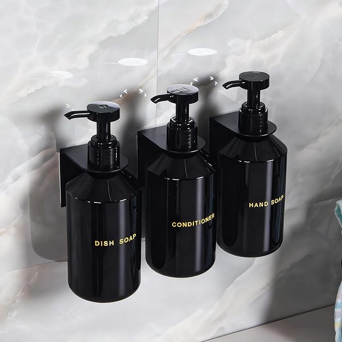 Wall Mounted Shampoo Dispenser for Shower, 3 Chamber 16.9 fl oz Each, 4CC Pump Soap Dispenser for Bathroom, Glossy Black Shampoo and Conditioner Dispenser with Crystal Labels (Black)