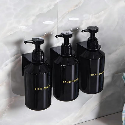 Wall Mounted Shampoo Dispenser for Shower, 3 Chamber 16.9 fl oz Each, 4CC Pump Soap Dispenser for Bathroom, Glossy Black Shampoo and Conditioner Dispenser with Crystal Labels (Black)