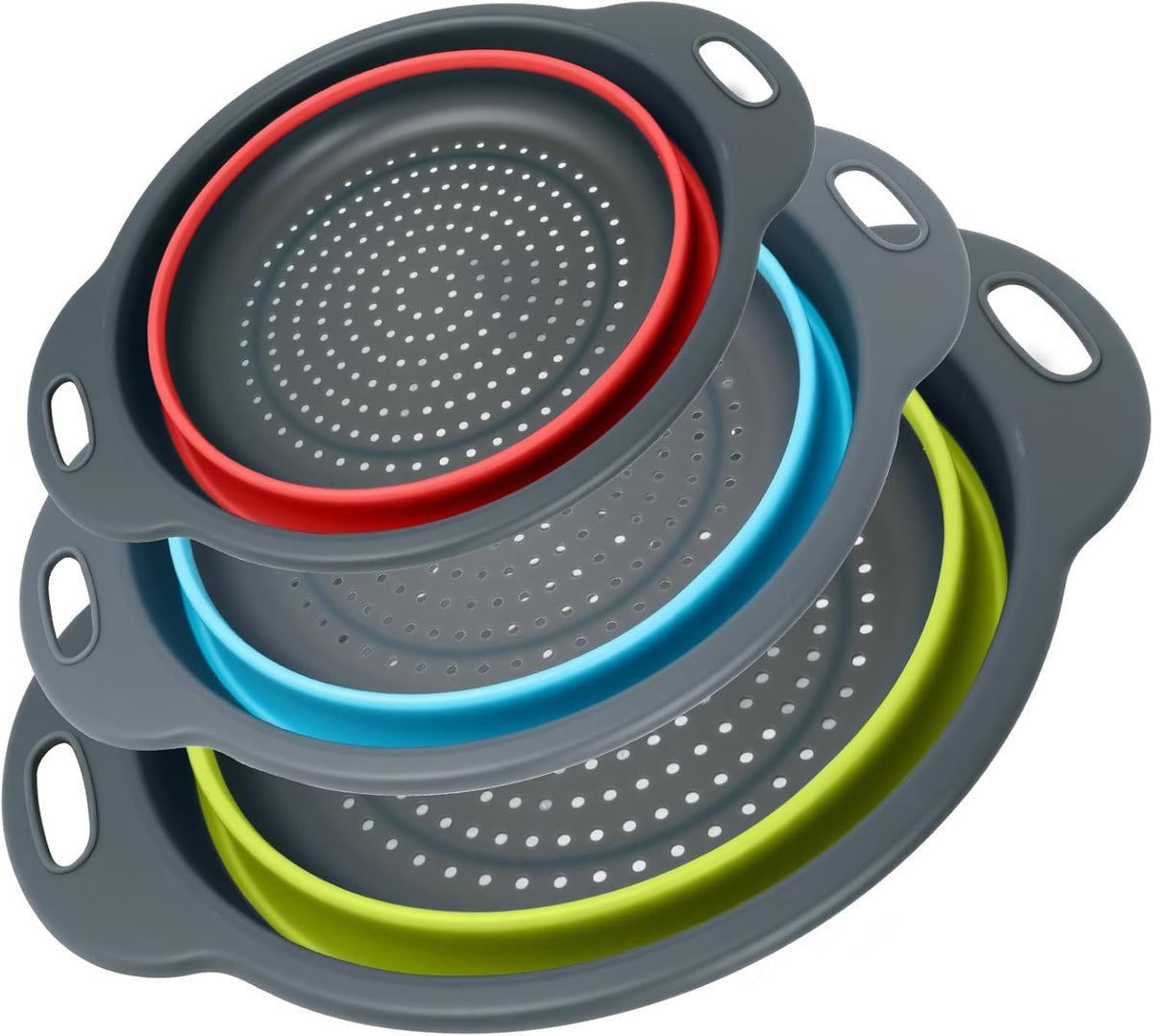 Collapsible Colander 3-Pack Set Space-Saving Foldable Kitchen Strainer with Non-Slip Base Durable Thickened PP+TPE Collapsible Strainers for Pasta, Vegetables, Fruits (Gray-Blue-Red-Green)