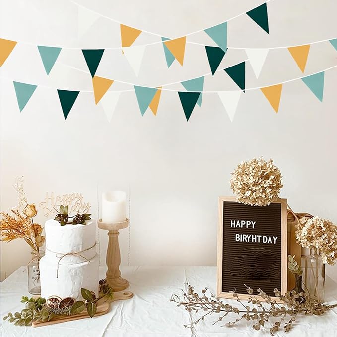 Zwiebeco 39Ft Dark Green Gold White Fabric Bunting Banner Triangle Flags Cotton Garland Pennant for Forest Wild One Safari Birthday Wedding Baby Shower Outdoor Garden Decorations