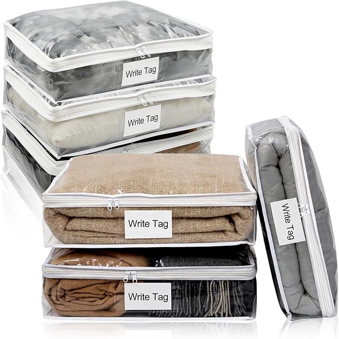 6 Pack Clear Zippered Plastic Storage Bags, Vinyl Sweater Bags with Zipper, Durable Clothing Organizer Protectors for Quilt, Blankets and Bedding, 15.3" x 13.8" x 3.9"