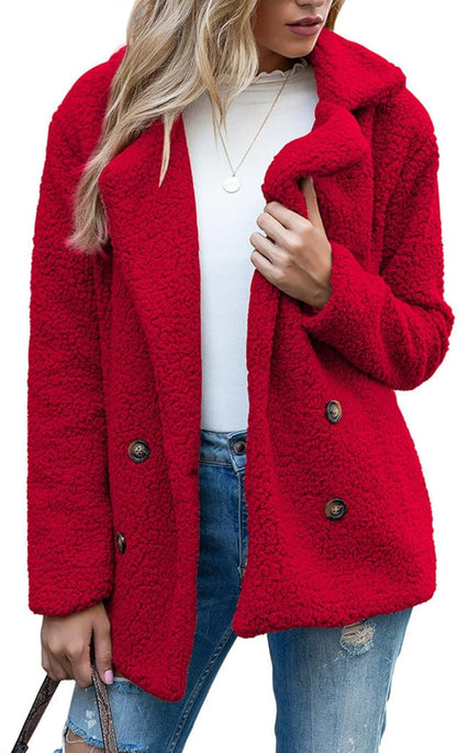 Women's Winter Warm Plush Cardigan Fuzzy Fleece Lapel Jacket with Buttons Pockets Long Sleeve Casual Outerwear