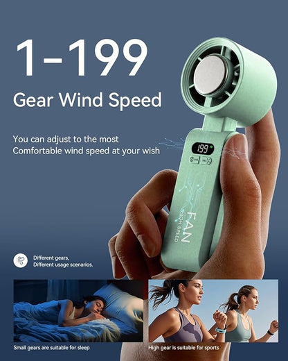 Handheld Portable Turbo Fan with Ice Cooler, Speed (1-199) 5500mAh Rechargeable Personal Fan,[20H Cooling Time] Mini Yet Powerful [20000 RPM] Small Pocket Fans for Travel/Outdoor/Office, Light Green