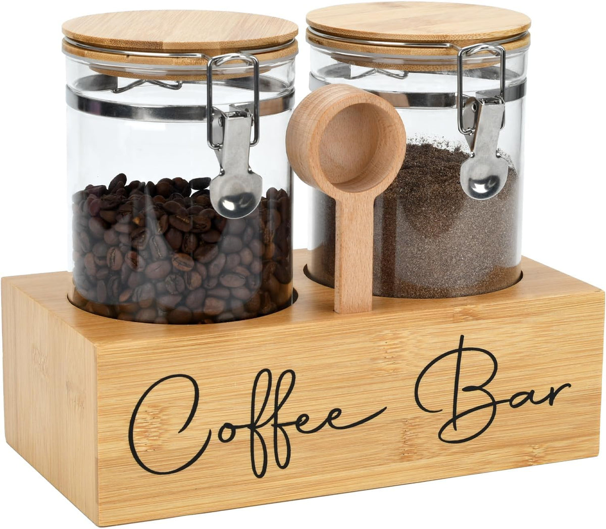Glass Coffee Canister Set with Bamboo Shelf & Spoon - 2 Airtight Containers (47oz Each) for Coffee Beans, Ground Coffee, Sugar, Flour
