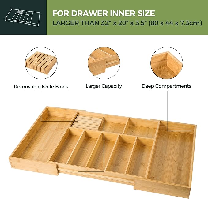 VaeFae Extra Large Kitchen Utensil Holder, Bamboo Silverware Drawer Organizer, Expandable Cutlery Organizer with Knife Block, Multifunctional Drawer Divider