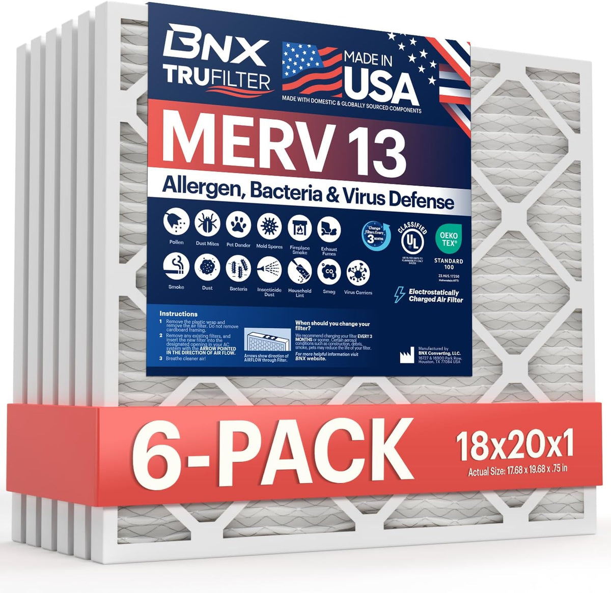 BNX TruFilter 18x20x1 Air Filter MERV 13 (6-Pack) - MADE IN USA - Electrostatic Pleated Air Conditioner HVAC AC Furnace Filters for Allergies, Pollen, Mold, Bacteria, Smoke, Allergen, MPR 1900 FPR 10