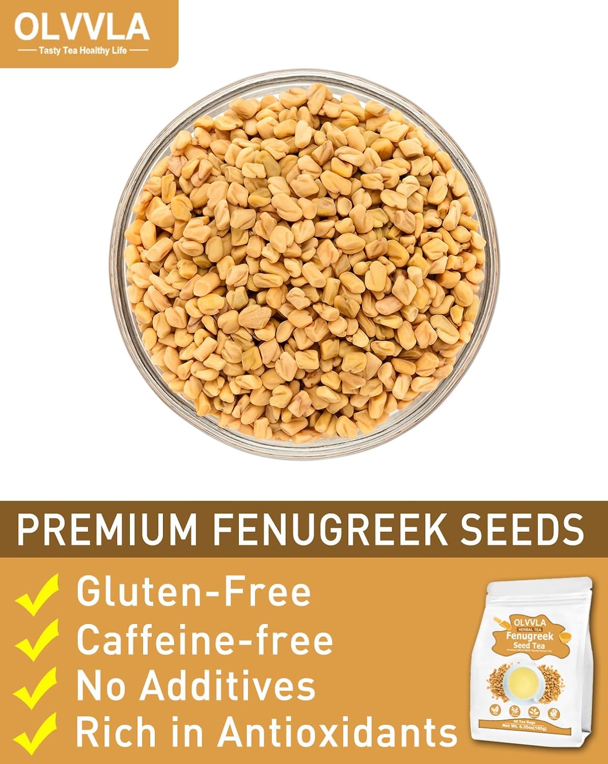 Olvvla - Premium Fenugreek Seed Tea Bags - 3g X 60 Count - 100% Pure Natural Fenugreek Methi Seeds - Non-GMO - Caffeine-free - Gluten-Free