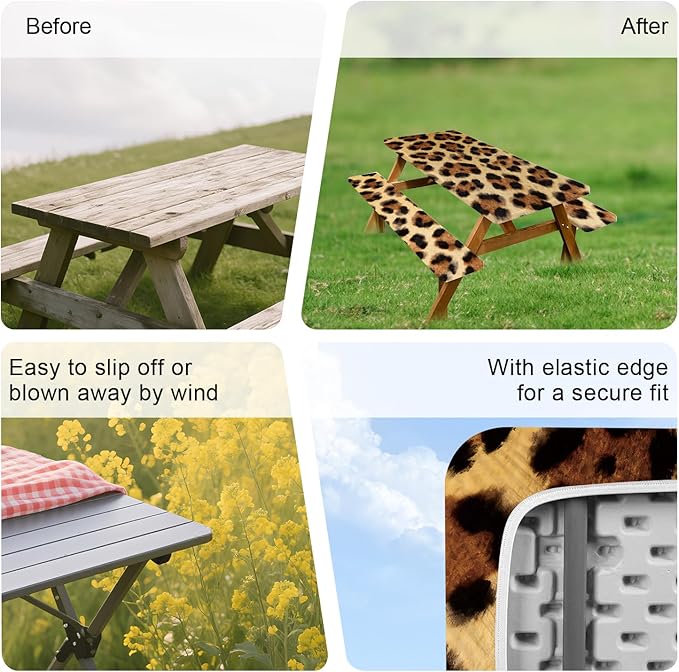 ANNA QUEEN 6FT Leopard Picnic Table Cover with Bench Covers Picnic Table Cover Set 3PCS 72"x30", Waterproof Outdoor Bench and Tablecloth Furniture Protection for Camping Beach BBQ