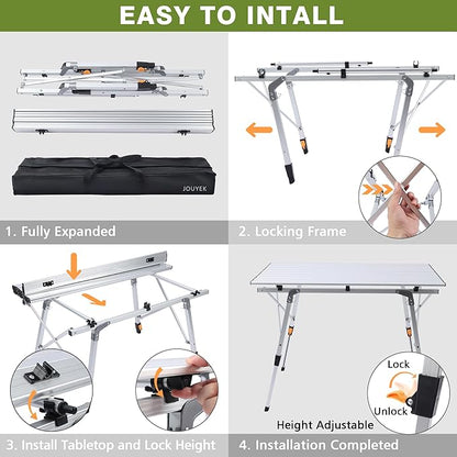 JOUYEK Folding Outdoor Camping Table with Adjustable Legs, Lightweight Aluminum Roll Up Camp Table with Carrying Bag, Mesh Storage Organizer, for Cooking, Picnic, Beach, Backyards, BBQ, Party