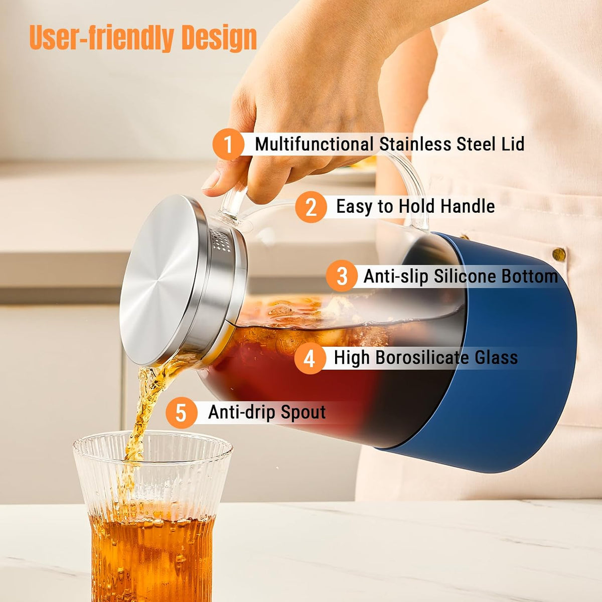 PARACITY Glass Pitcher with Lid, 61oz Water Jug Handle, Blue Silicone Base