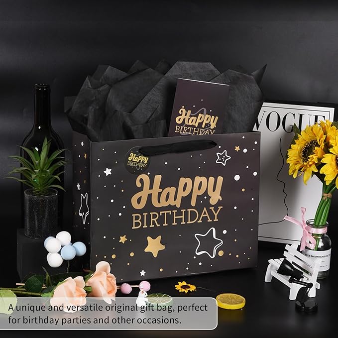 13" Black + Blue Happy Birthday Gift Bag with Tissue Paper and Greeting Card for Party,Happy Birthday Gift Bag for Men Women, Gift Bags Medium size(2 PCS Black & Blue)