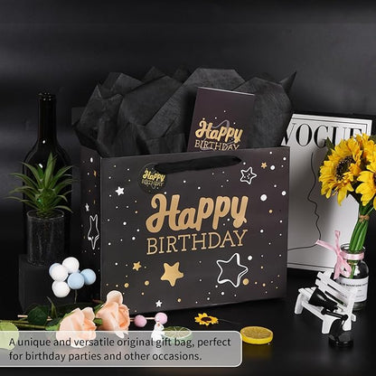 13" Black + Blue Happy Birthday Gift Bag with Tissue Paper and Greeting Card for Party,Happy Birthday Gift Bag for Men Women, Gift Bags Medium size(2 PCS Black & Blue)