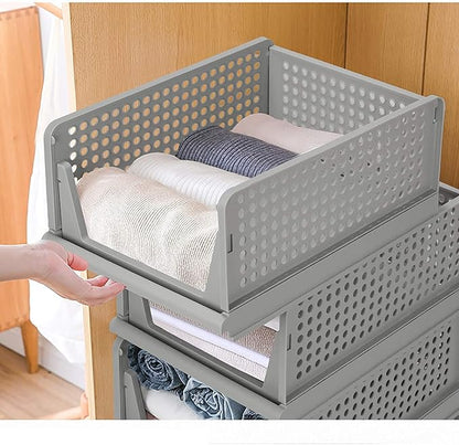 Stackable Wardrobe Organizer for Clothes - Multipurpose Foldable Plastic Closet Storage Organizer for Kitchen, Bedroom & Bathroom (Pack of 10, Grey)