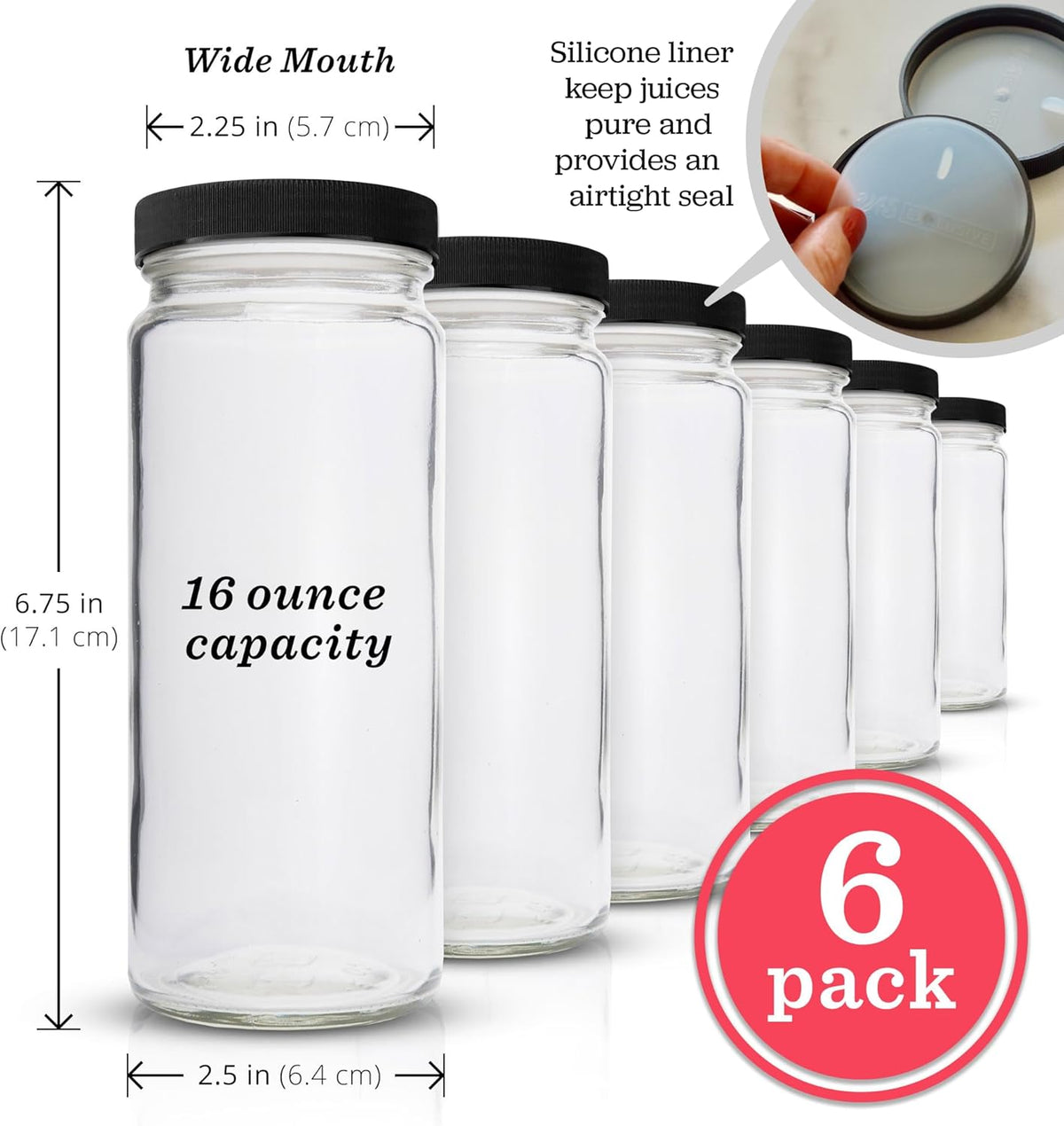 All About Juicing Clear Glass Water Bottles Set - 6 Pack Wide Mouth with Lids for Juice, Smoothies, Beverage Storage - 16 oz, Durable, Reusable