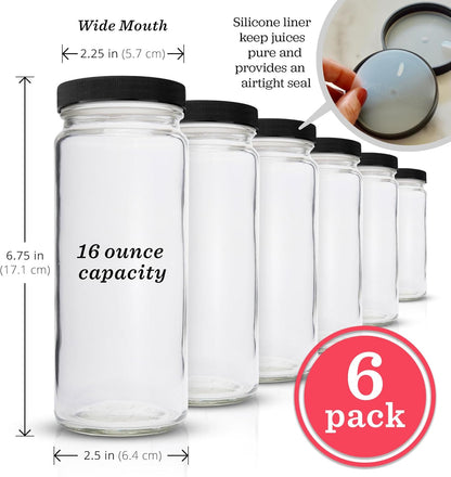 All About Juicing Clear Glass Water Bottles Set - 6 Pack Wide Mouth with Lids for Juice, Smoothies, Beverage Storage - 16 oz, Durable, Reusable
