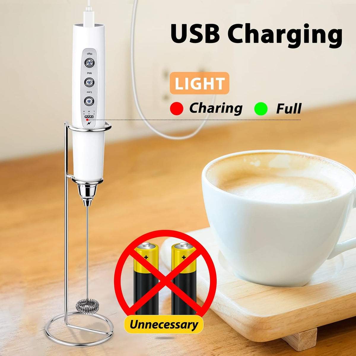 Milk Frother with Stand Rechargeable-Handheld Coffee Frother with 3 Stainless Whisks 3 Speed Adjustable, Electric Whisk Drink Mixer