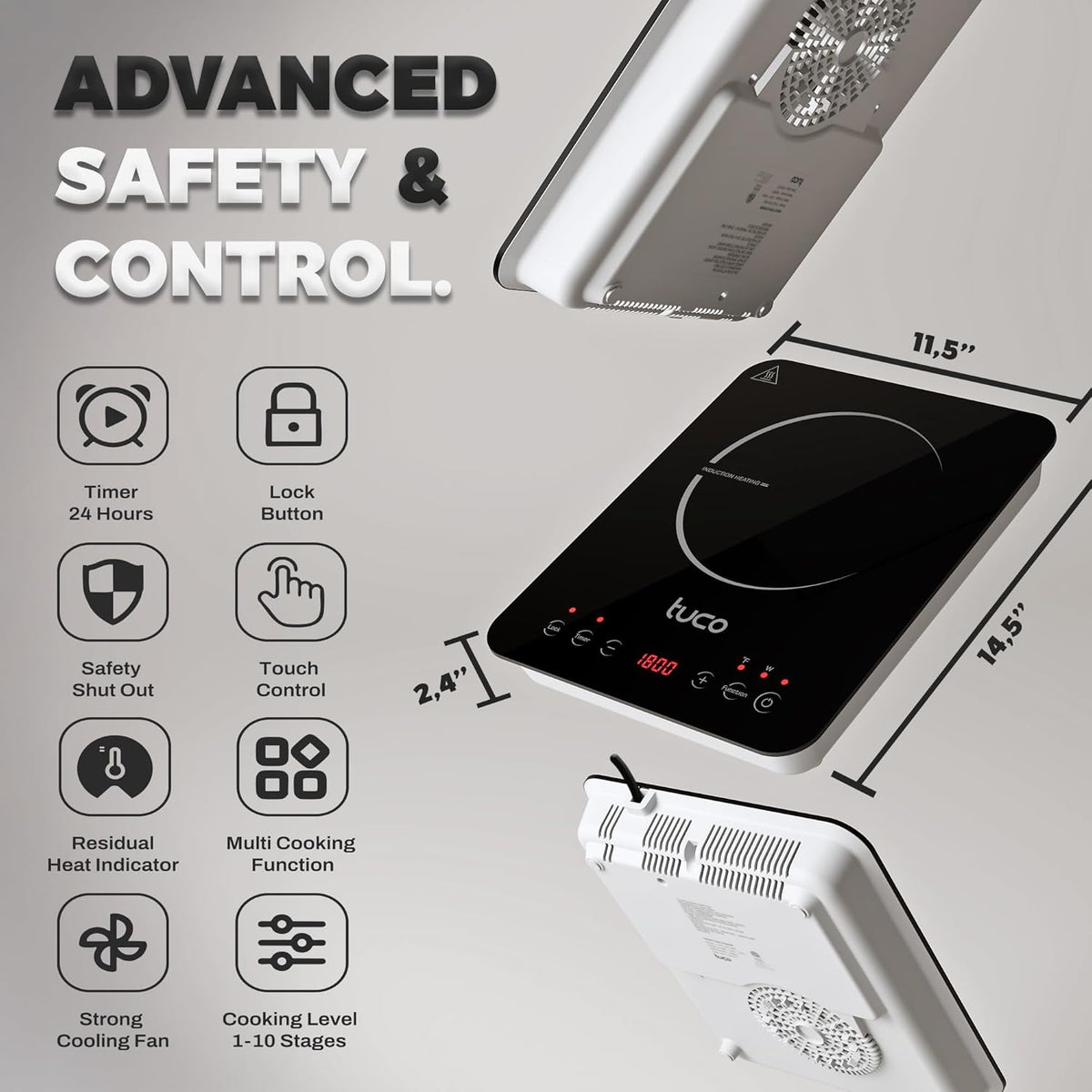 TUCO Portable Induction Cooktop Burner Hot Plate Electric Stove with Shatter-Proof Ceramic Glass, LCD Sensor Touch, ETL Certified, 20 Cooking Modes, 1800 Watts