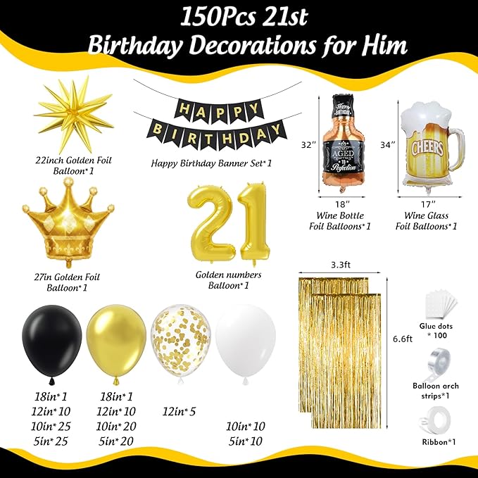 21st Birthday Decorations for Him 150pcs with Number 21 Foil Balloon Fringe Curtains White Black and Gold Balloons Arch Kit for 21st Birthday Decorations Graduation Birthday Balloons for Bed
