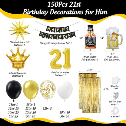21st Birthday Decorations for Him 150pcs with Number 21 Foil Balloon Fringe Curtains White Black and Gold Balloons Arch Kit for 21st Birthday Decorations Graduation Birthday Balloons for Bed