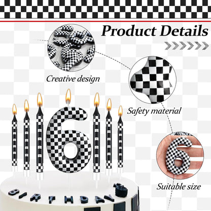 13 Pcs Racing Cars Themed Birthday Candles 12 Black and White Race Number 6 Checkered Candle Cake Topper for Racing Car Party Decoration Supplies (Number 6)