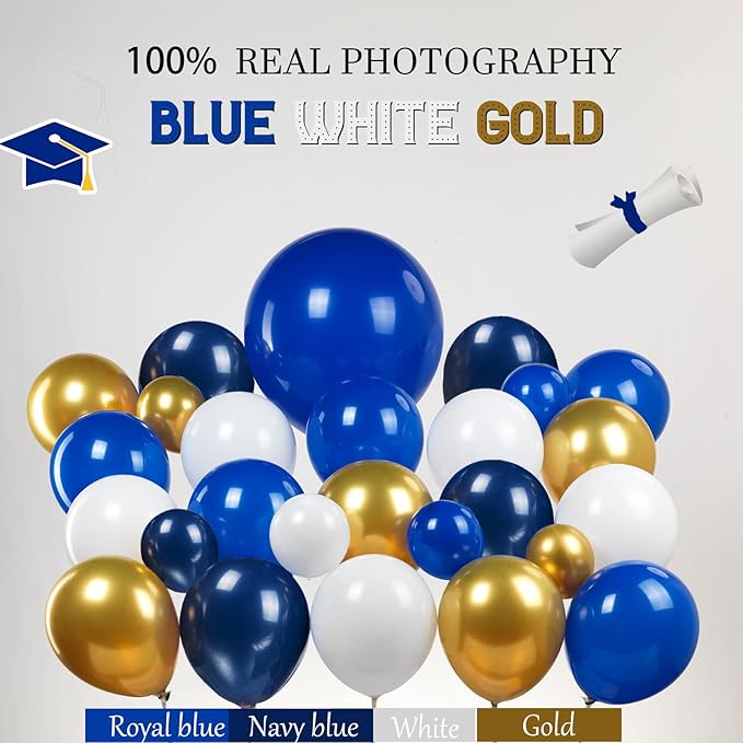 Blue Themed Graduation Balloon Garland Arch Kit with foil Balloons for High School College students graduate class of 2025 Prom Congrats Party Decorations Backdrop (Blue white gold)