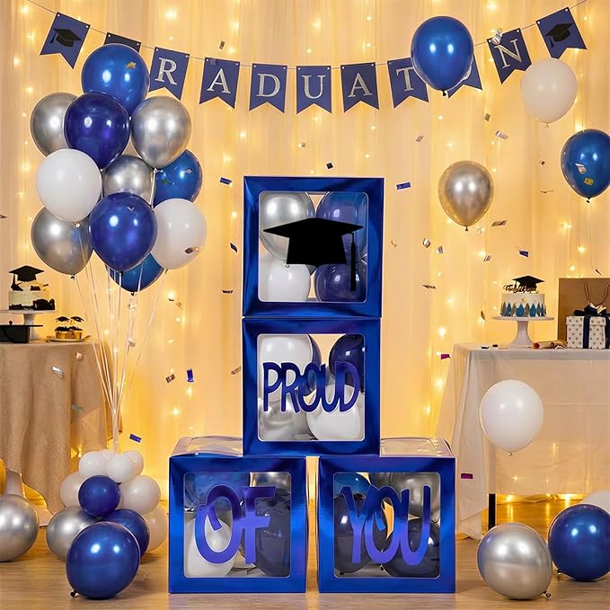 Graduation Decorations 2026, Navy Blue Graduation Decorations Transparent Balloon Boxes with Letters of GRAD, PROUD OF YOU,Class of 2026, Blue Silver Balloons Arch for High School College Grad Party