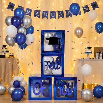 Graduation Decorations 2026, Navy Blue Graduation Decorations Transparent Balloon Boxes with Letters of GRAD, PROUD OF YOU,Class of 2026, Blue Silver Balloons Arch for High School College Grad Party