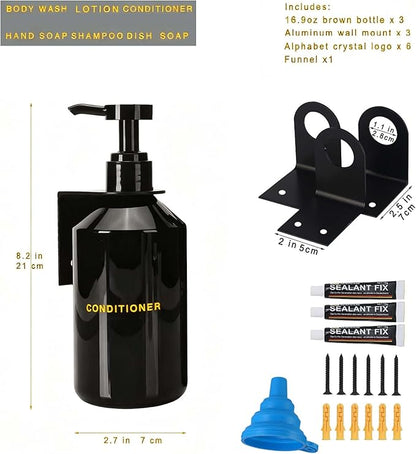 Wall Mounted Shampoo Dispenser for Shower, 3 Chamber 16.9 fl oz Each, 4CC Pump Soap Dispenser for Bathroom, Glossy Black Shampoo and Conditioner Dispenser with Crystal Labels (Black)