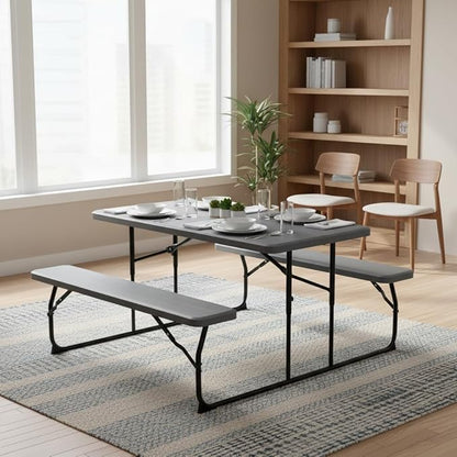 Giantex 4.5 FT Folding Picnic Table Bench Set- Outdoor Dining Set for 4-6 Persons w/All-Weather HDPE Tabletop, Metal Leg, Large Outside Dining Table for Lawn Patio Garden Yard Poolside, Grey