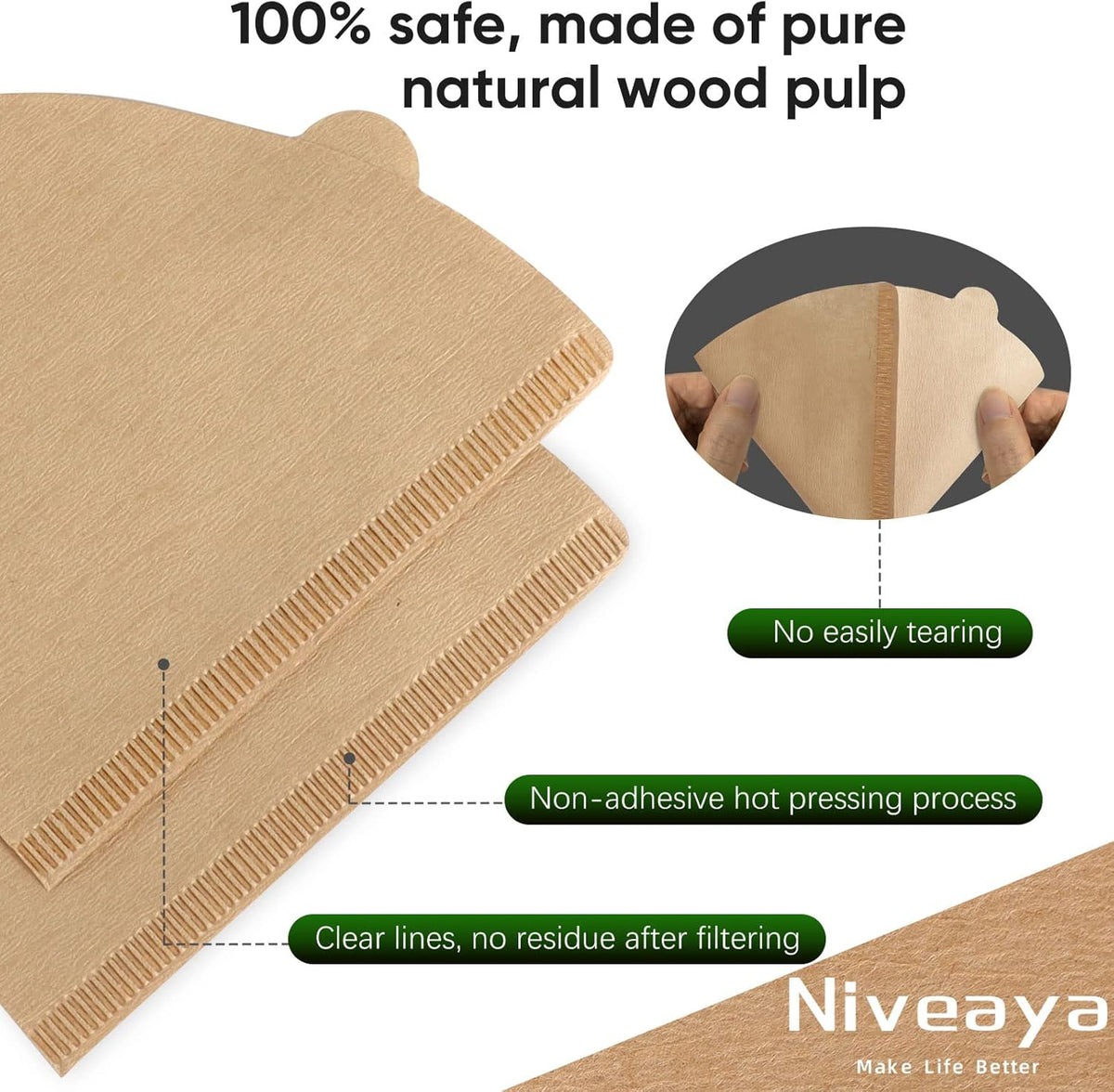 Niveaya 200 Count Coffee Filters - Size 02, Natural Paper Coffee Filter, No Blowout, Disposable for Pour Over and Drip Coffee Maker (2-4 Cup)